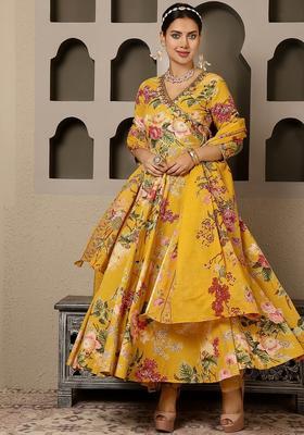 Yellow Printed Cotton Anarkali Set