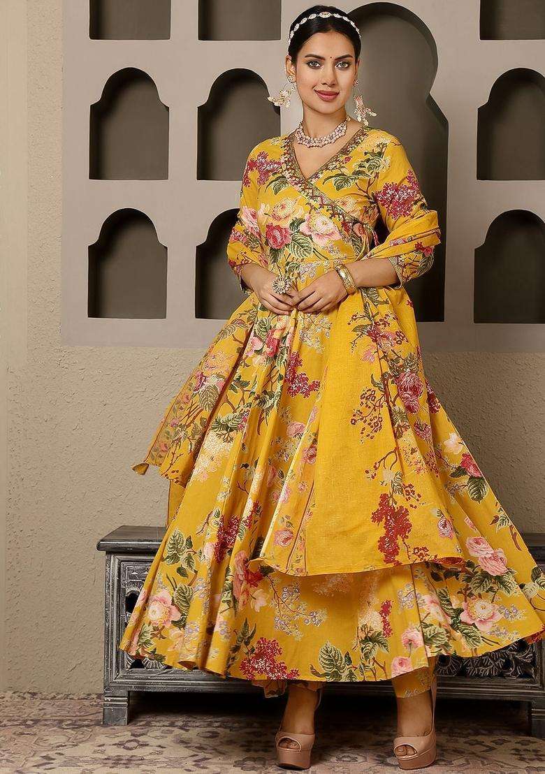 Yellow Printed Cotton Anarkali Set - Indya
