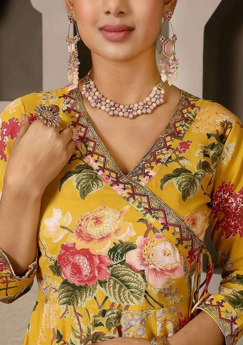 Yellow Printed Cotton Anarkali Set - Indya