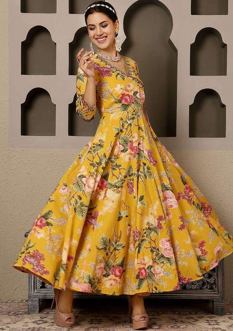 Yellow Printed Cotton Anarkali Set - Indya