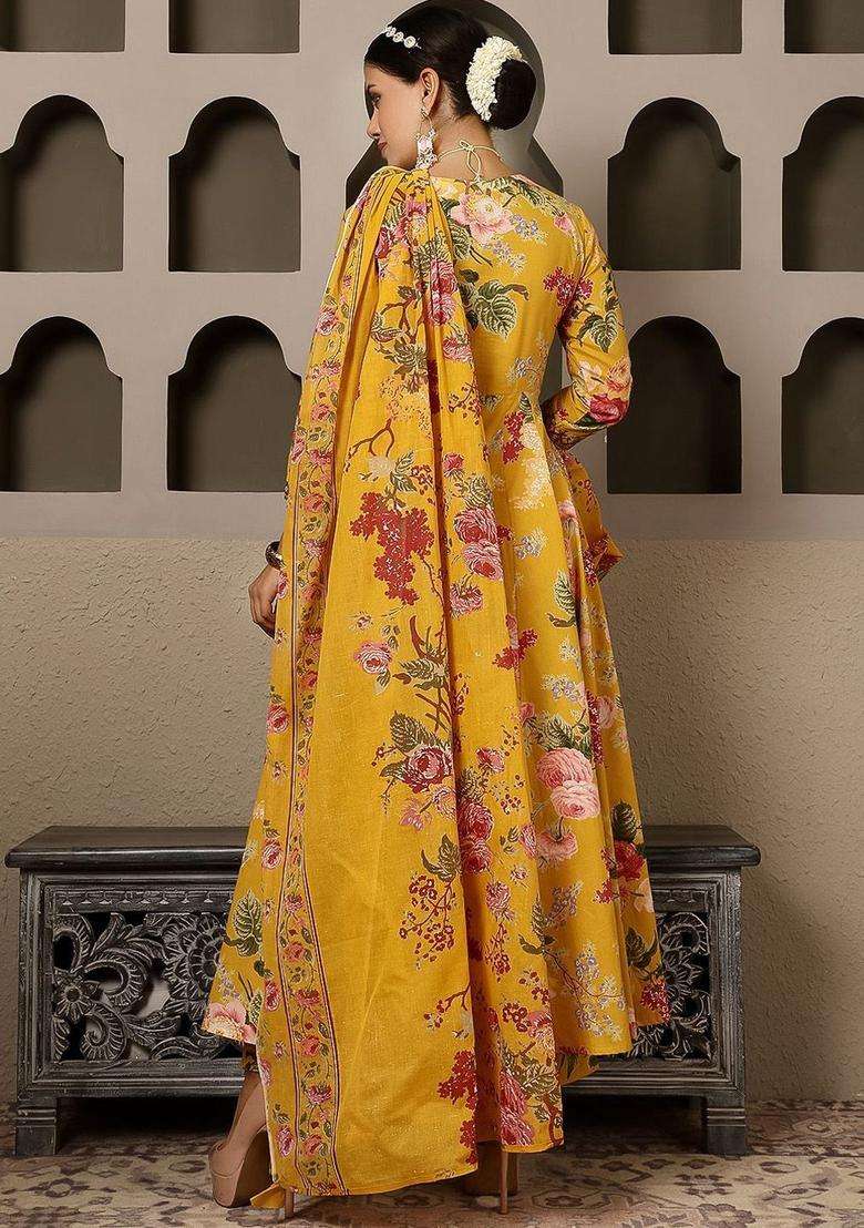 Yellow Printed Cotton Anarkali Set - Indya