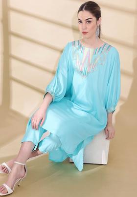 Turquoise Blue Yoke Design Viscose Kurta Set