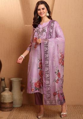 Lavender Printed Silk Kurta Set