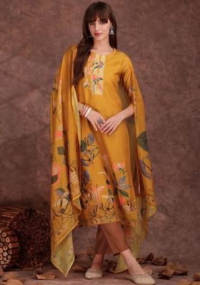 Mustard Printed Silk Blend Kurta Set