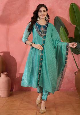 Turquoise Blue Embroidered Silk Blend Kurta Set