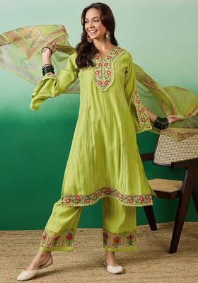 Lime Green Embroidered Silk Kurta Set