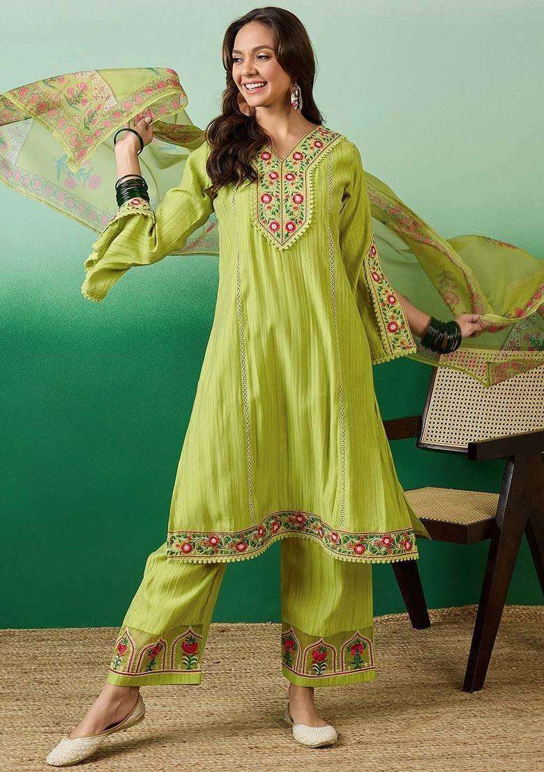 Lime Green Embroidered Silk Blend Kurta Set - Indya