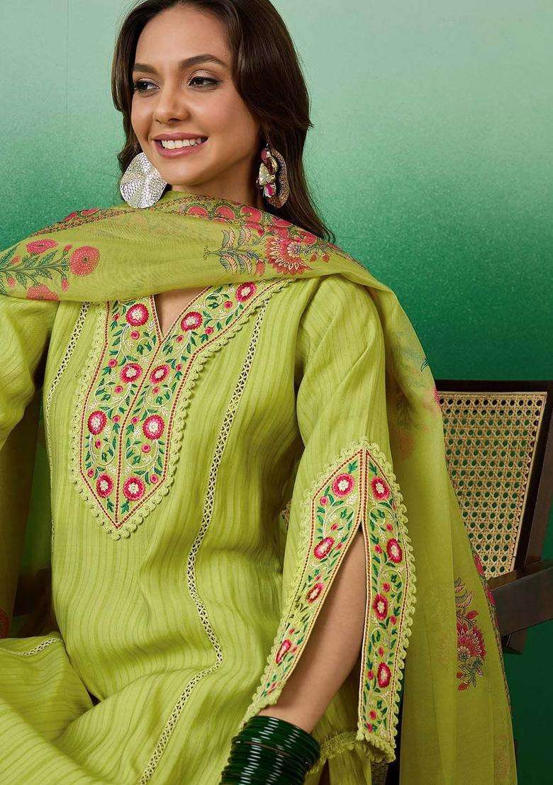 Lime Green Embroidered Silk Blend Kurta Set - Indya