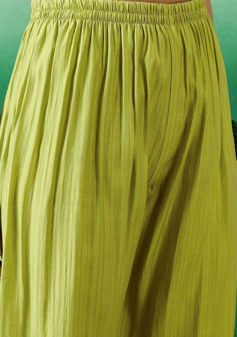 Lime Green Embroidered Silk Blend Kurta Set - Indya