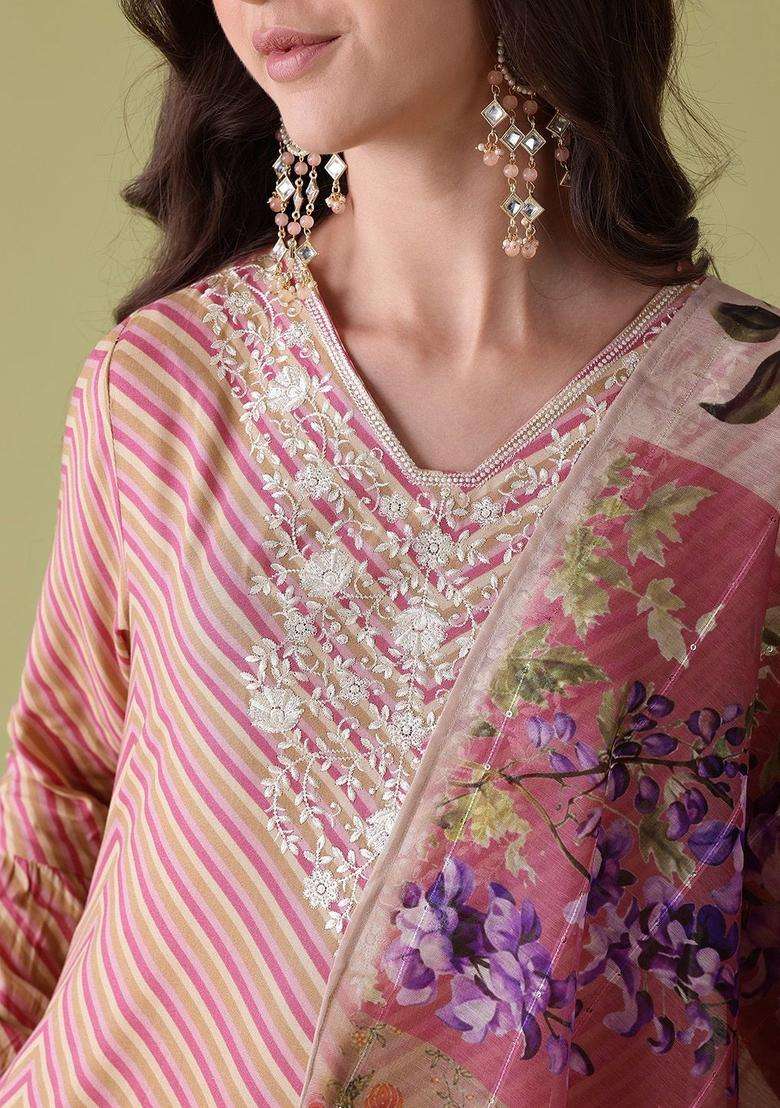 Pink Striped Viscose Kurta Set - Indya