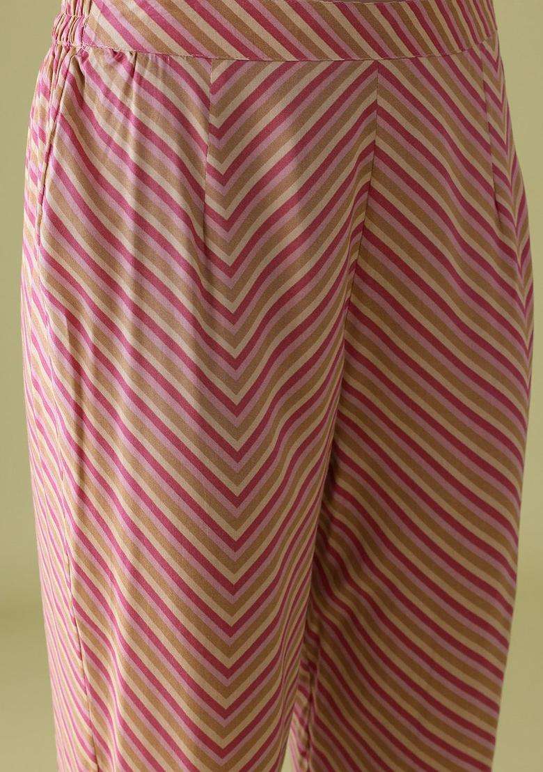 Pink Striped Viscose Kurta Set - Indya