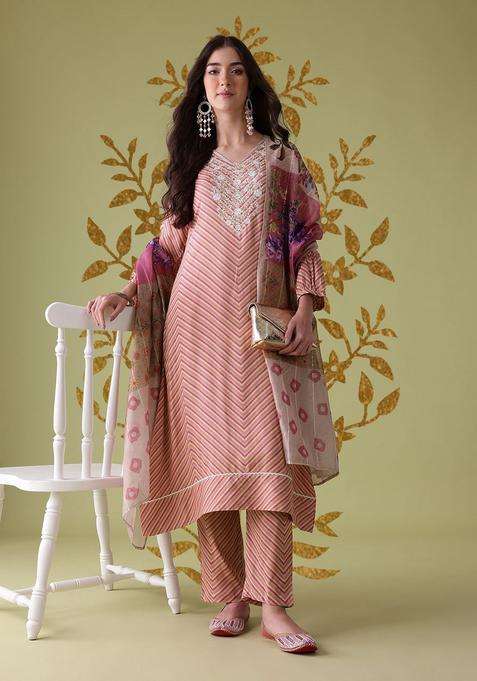 Pink Striped Viscose Kurta Set
