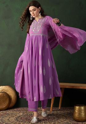 Lavender Printed Georgette Kurta Set