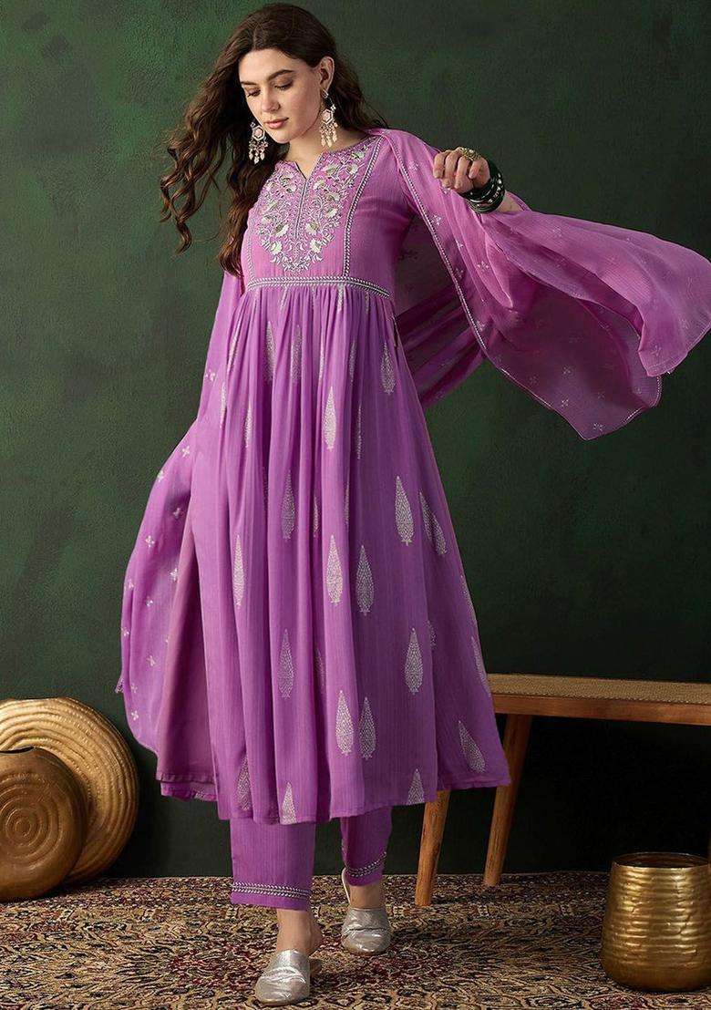 Lavender Printed Georgette Kurta Set - Indya