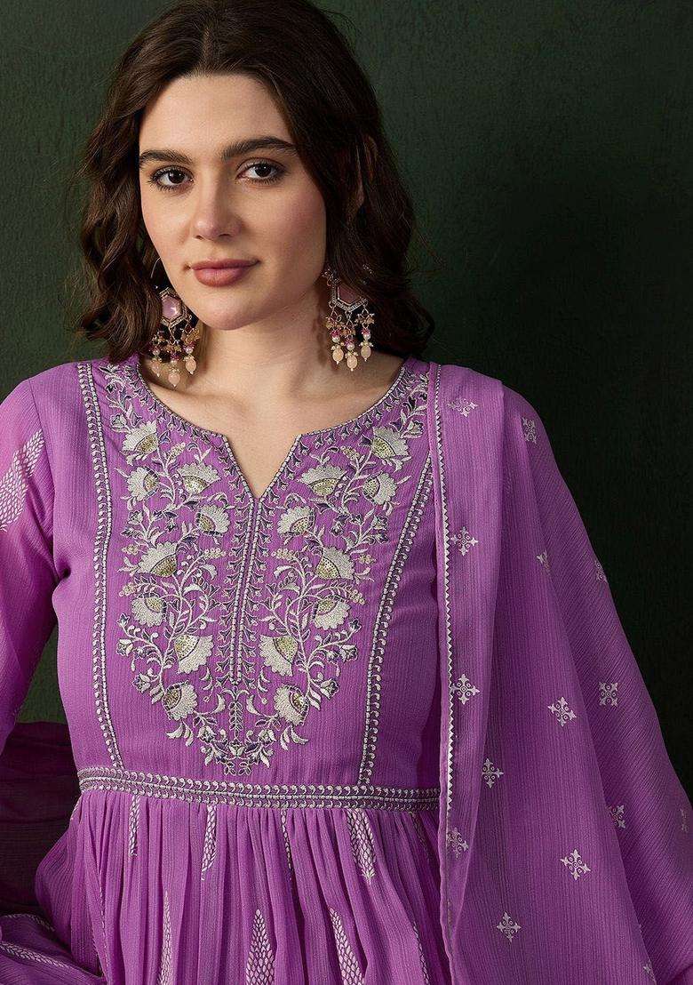 Lavender Printed Georgette Kurta Set - Indya