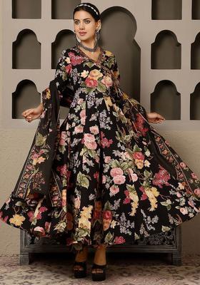 Black Printed Cotton Anarkali Set