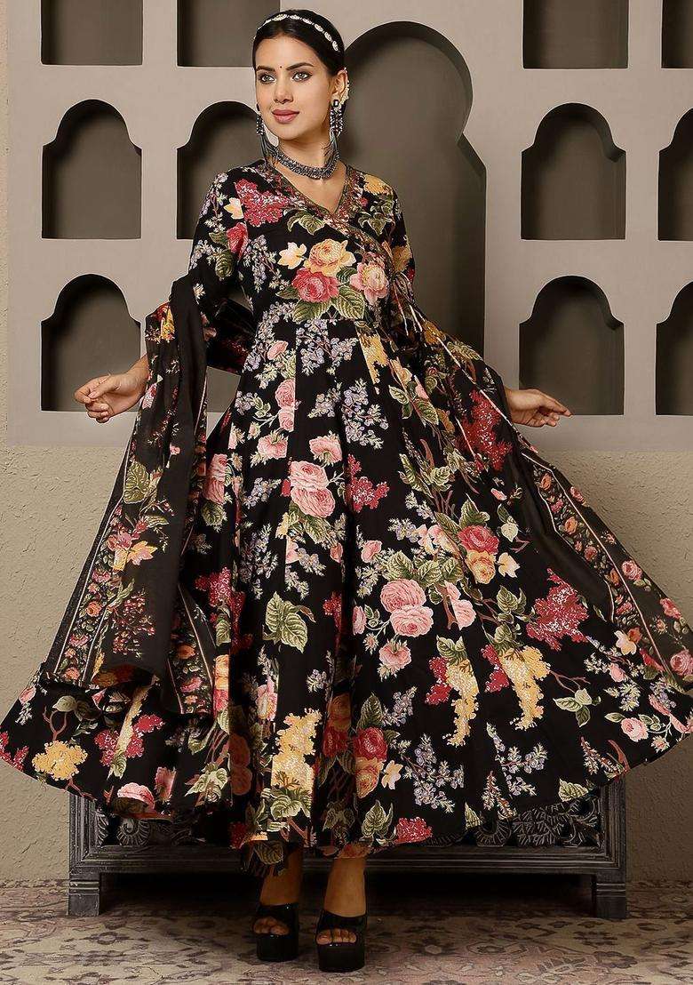 Black Printed Cotton Anarkali Set - Indya