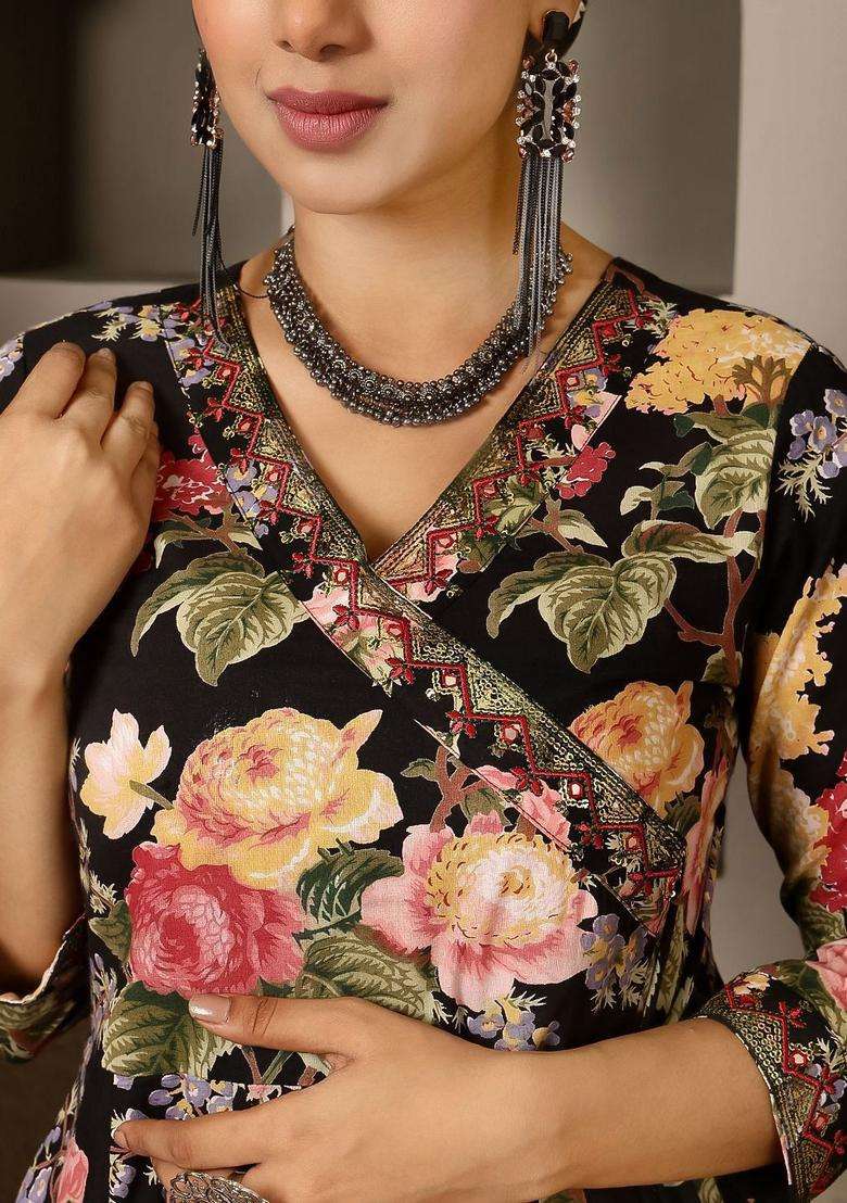 Black Printed Cotton Anarkali Set - Indya