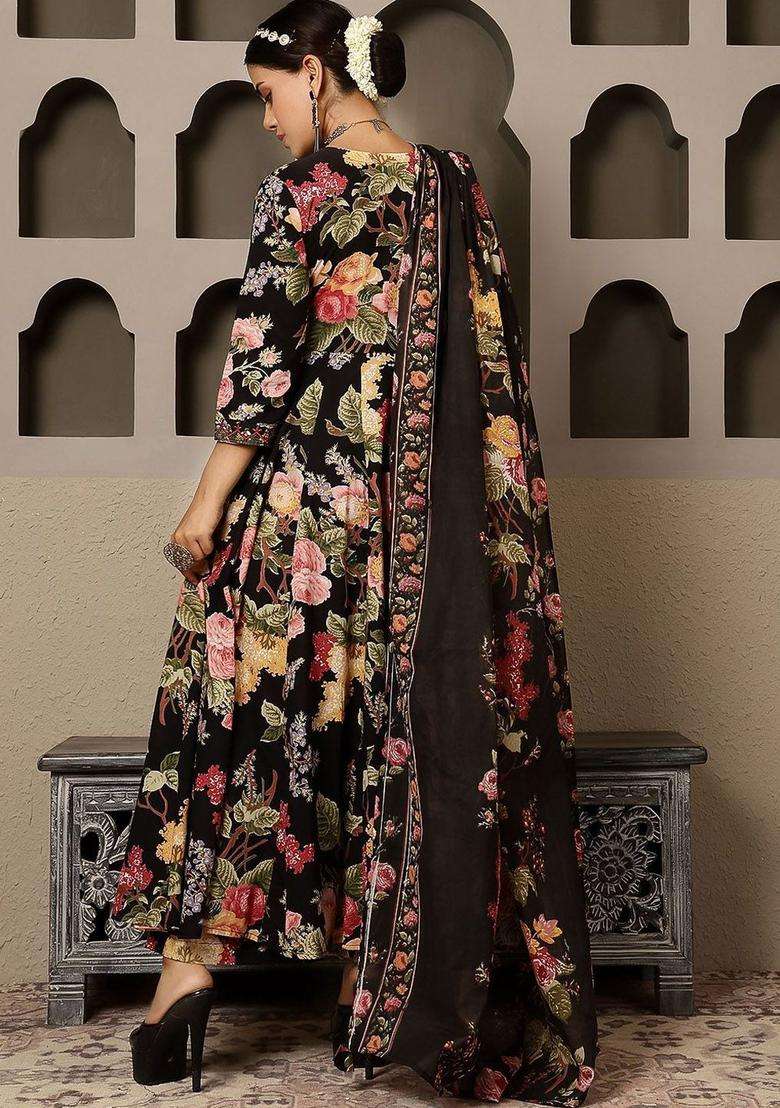 Black Printed Cotton Anarkali Set - Indya