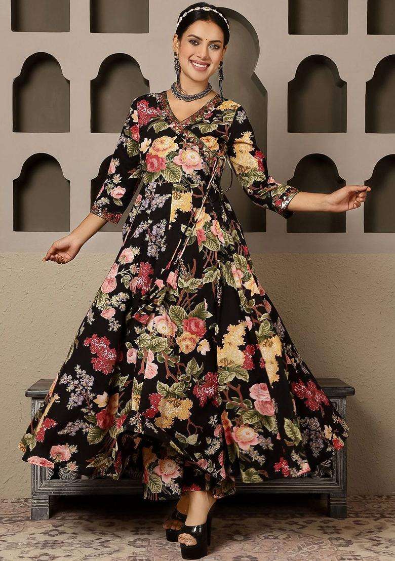 Black Printed Cotton Anarkali Set - Indya