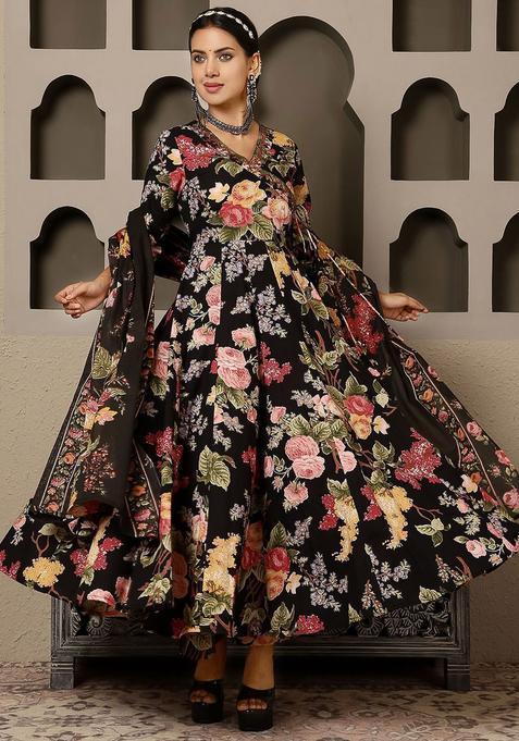 Black Printed Cotton Anarkali Set — view on Indya