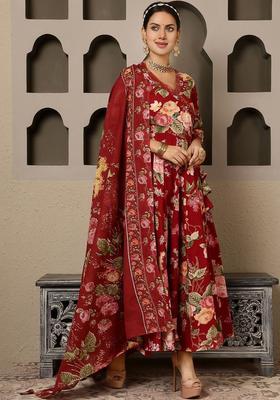 Maroon Printed Cotton Anarkali Set