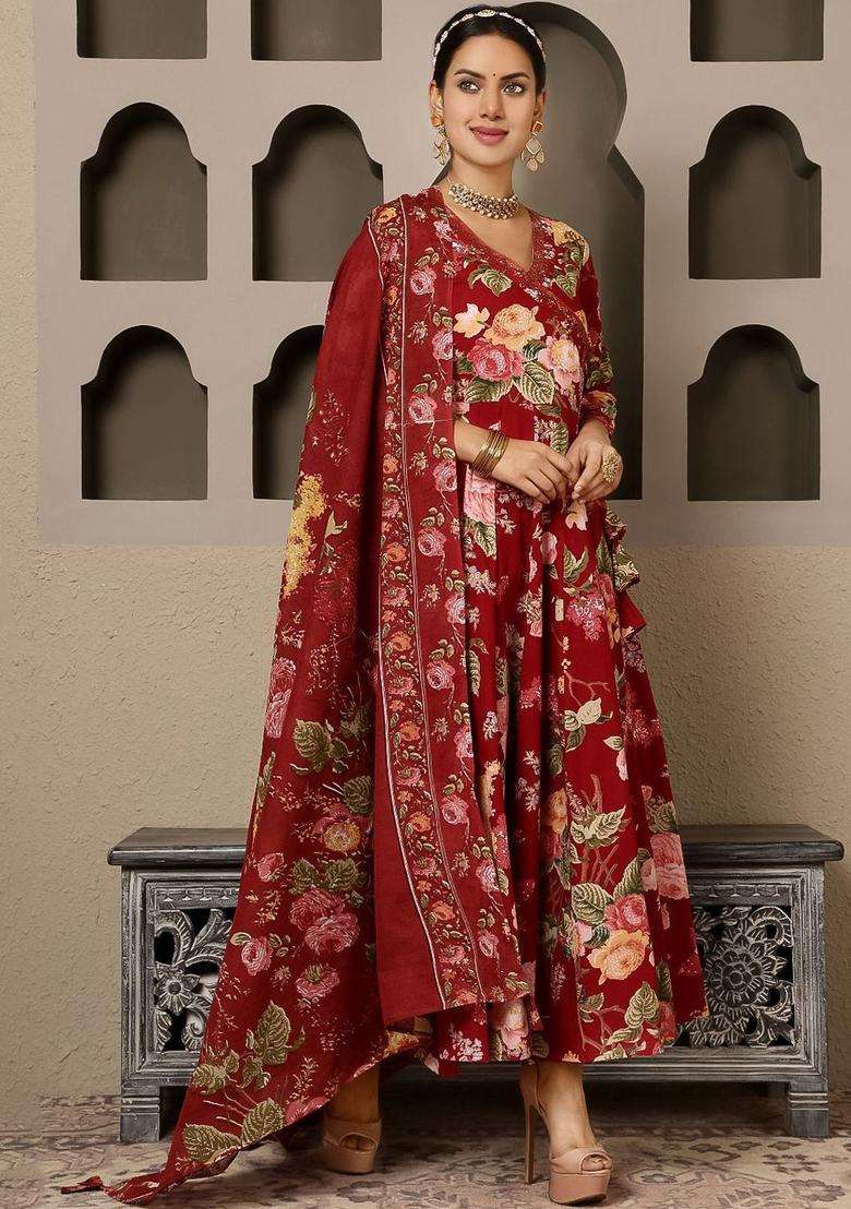Maroon Printed Cotton Anarkali Set - Indya