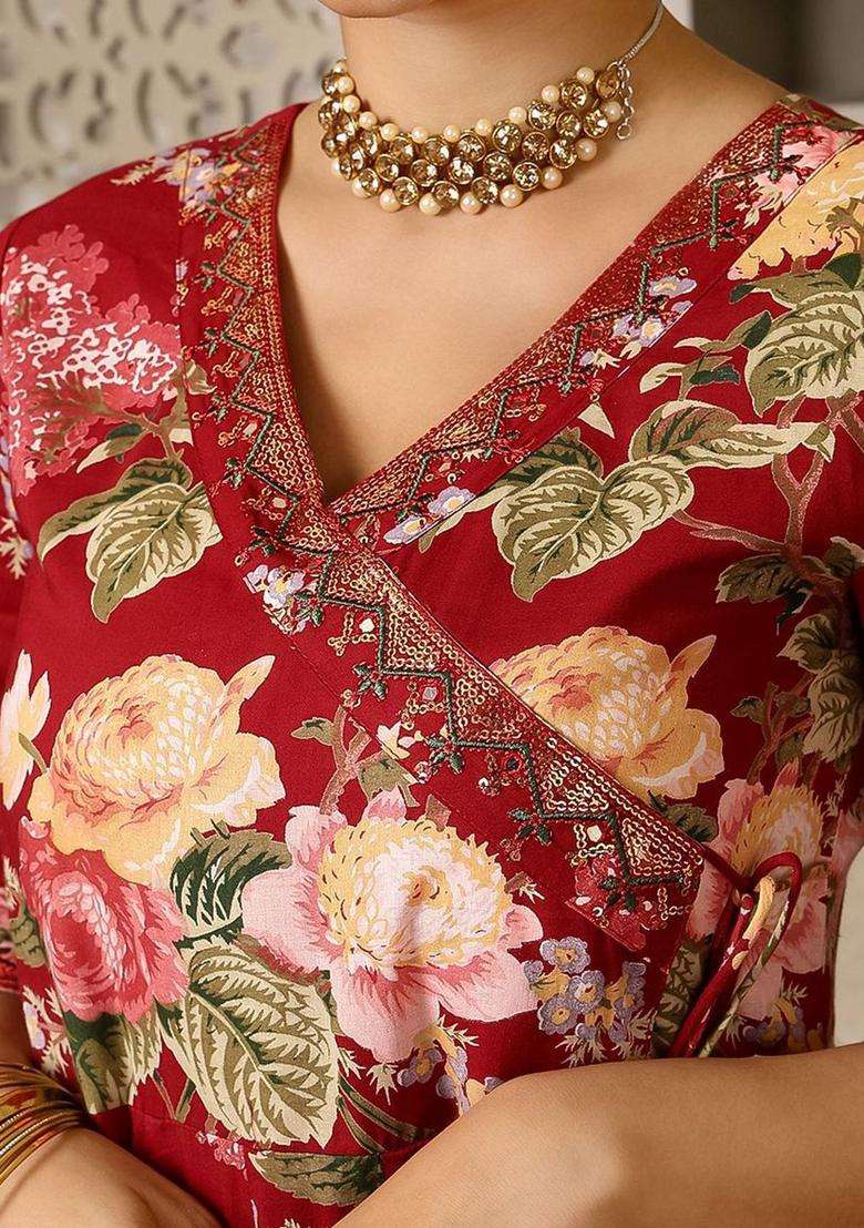 Maroon Printed Cotton Anarkali Set - Indya