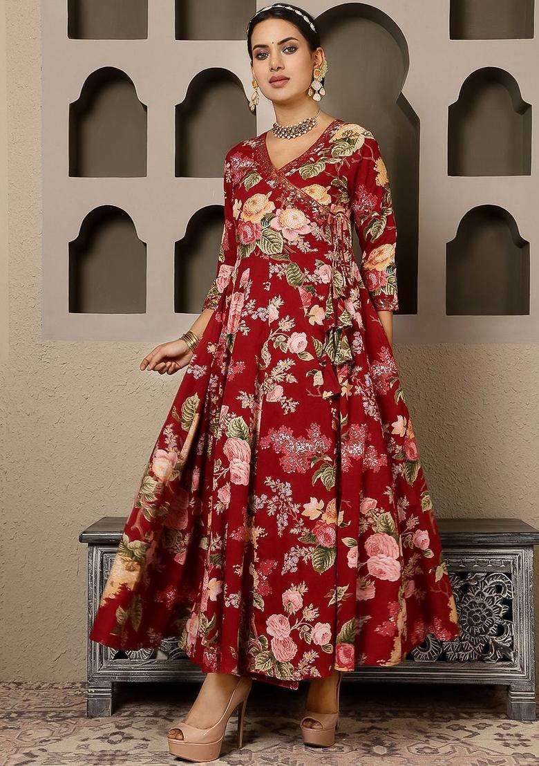 Maroon Printed Cotton Anarkali Set - Indya