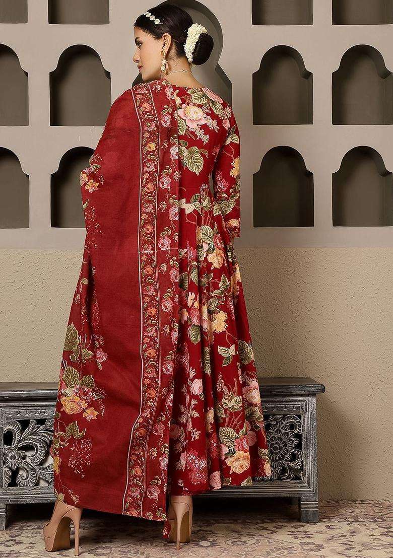 Maroon Printed Cotton Anarkali Set - Indya