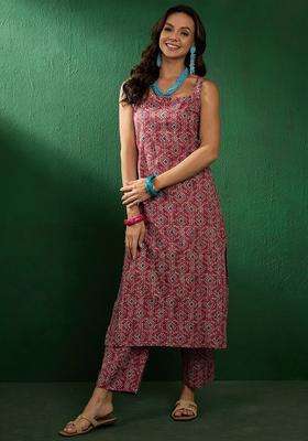 Burgundy Printed Cotton Kurta Set