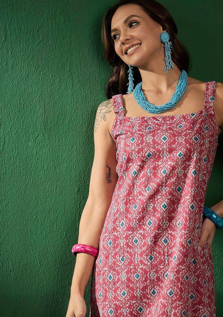 Burgundy Printed Cotton Kurta Set - Indya