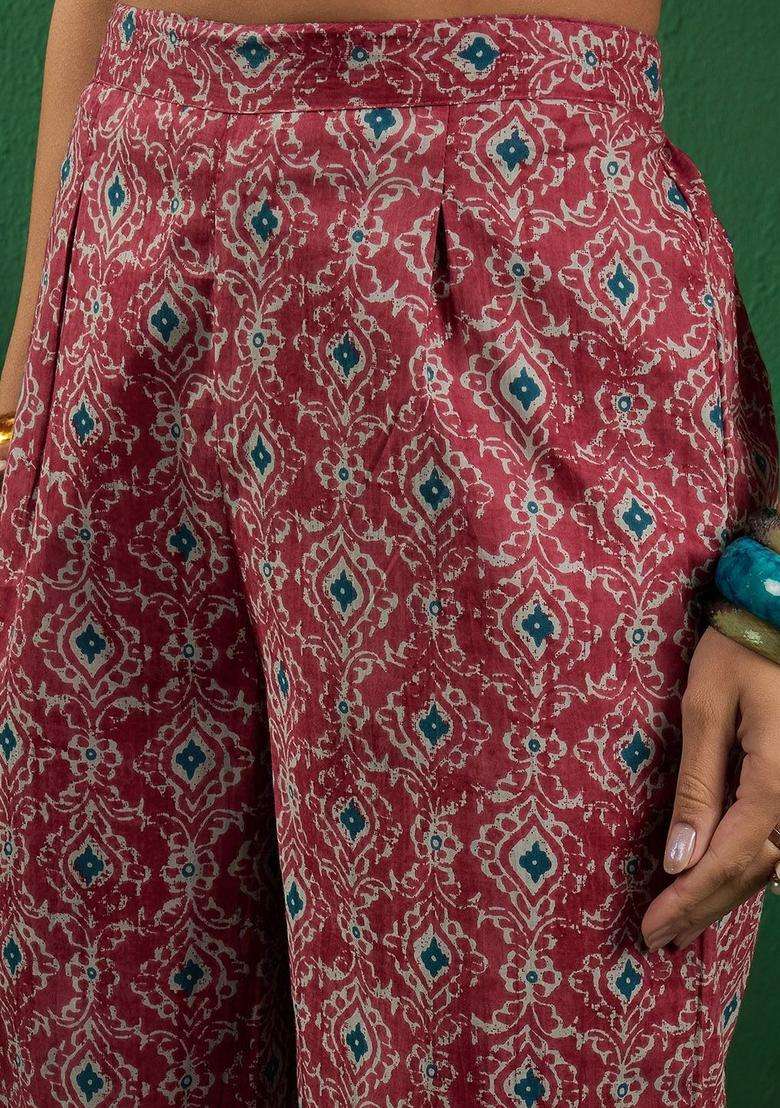 Burgundy Printed Cotton Kurta Set - Indya