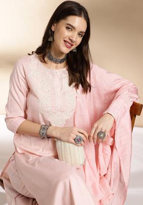 Pink Embroidered Viscose Kurta Set