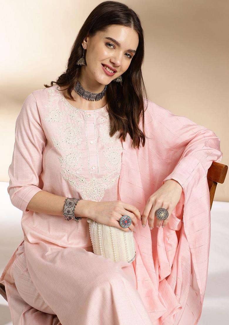 Pink Embroidered Viscose Kurta Set - Indya