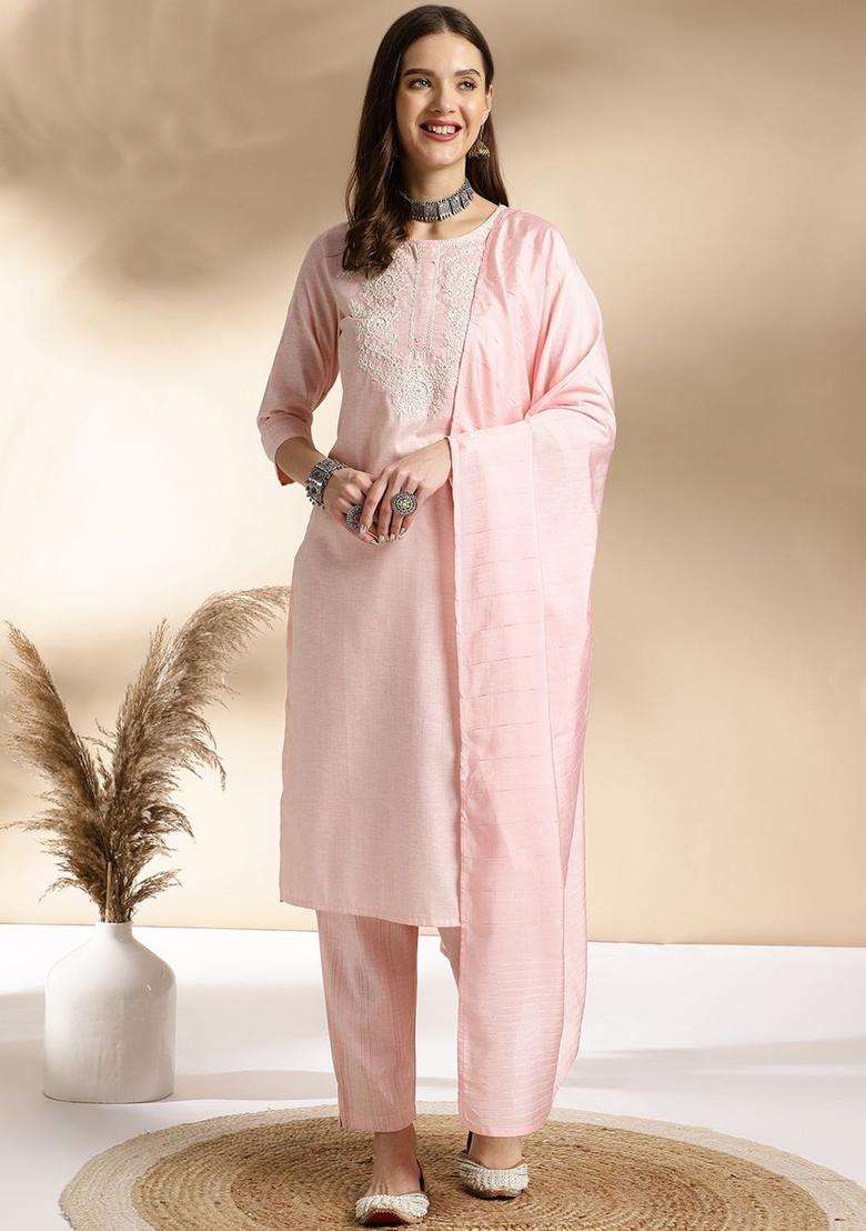 Pink Embroidered Viscose Kurta Set - Indya