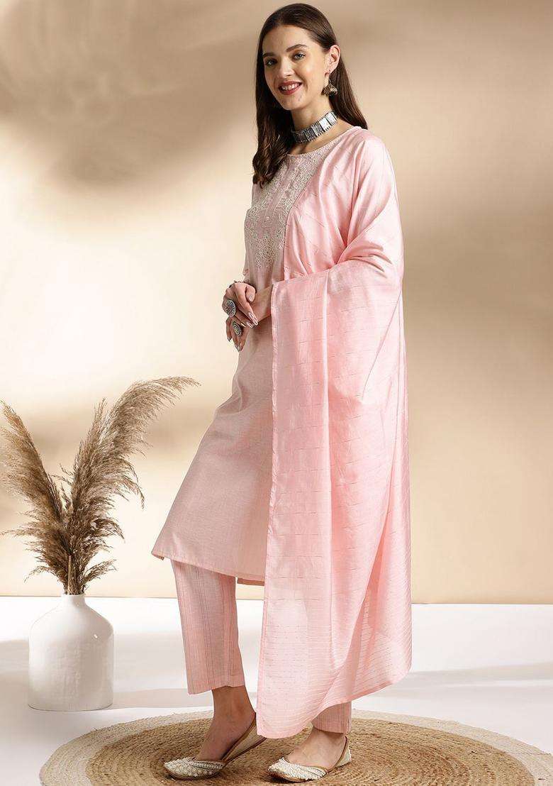 Pink Embroidered Viscose Kurta Set - Indya
