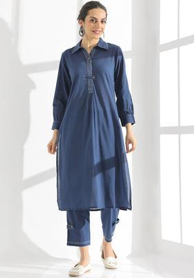 Navy Blue Solid Cotton Kurta Set