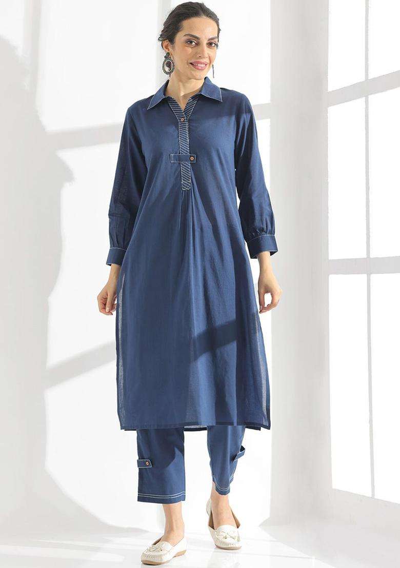 Navy Blue Solid Cotton Kurta Set - Indya