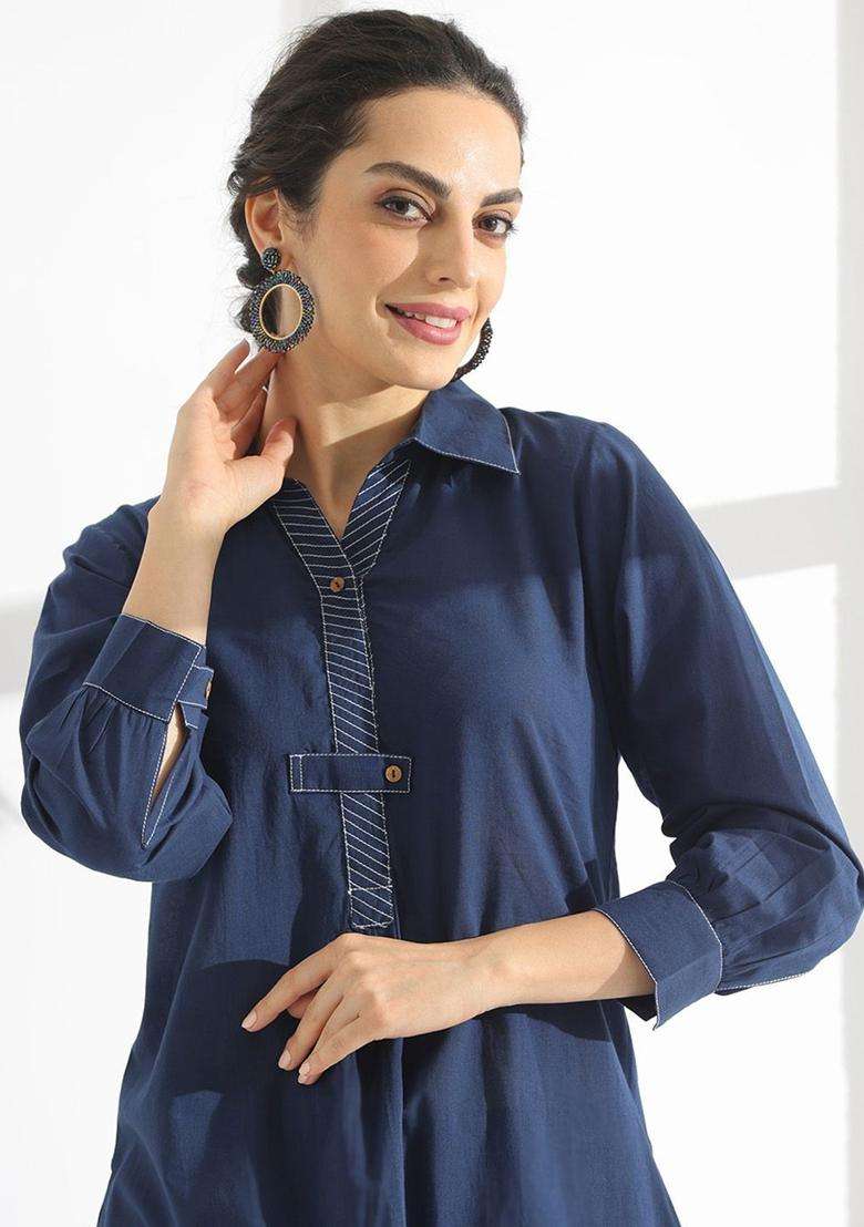 Navy Blue Solid Cotton Kurta Set - Indya