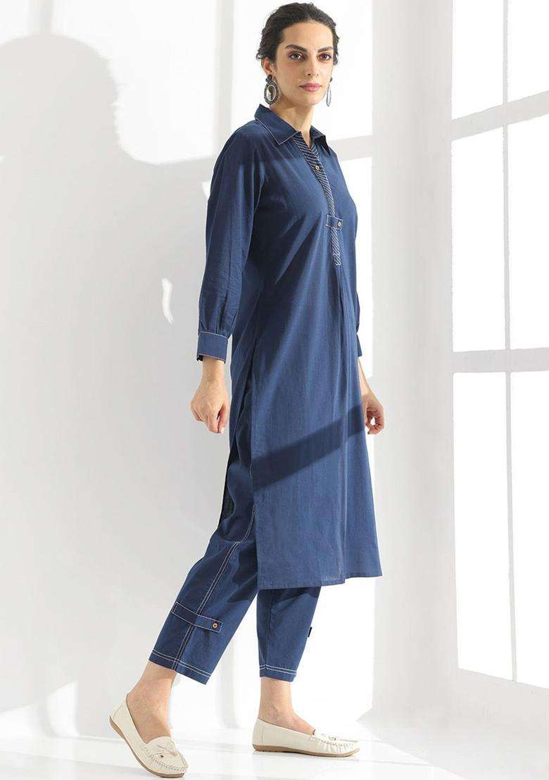 Navy Blue Solid Cotton Kurta Set - Indya