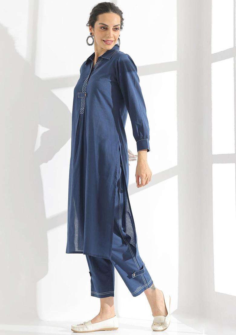 Navy Blue Solid Cotton Kurta Set - Indya