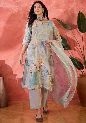 Grey Embroidered Cotton Kurta Set
