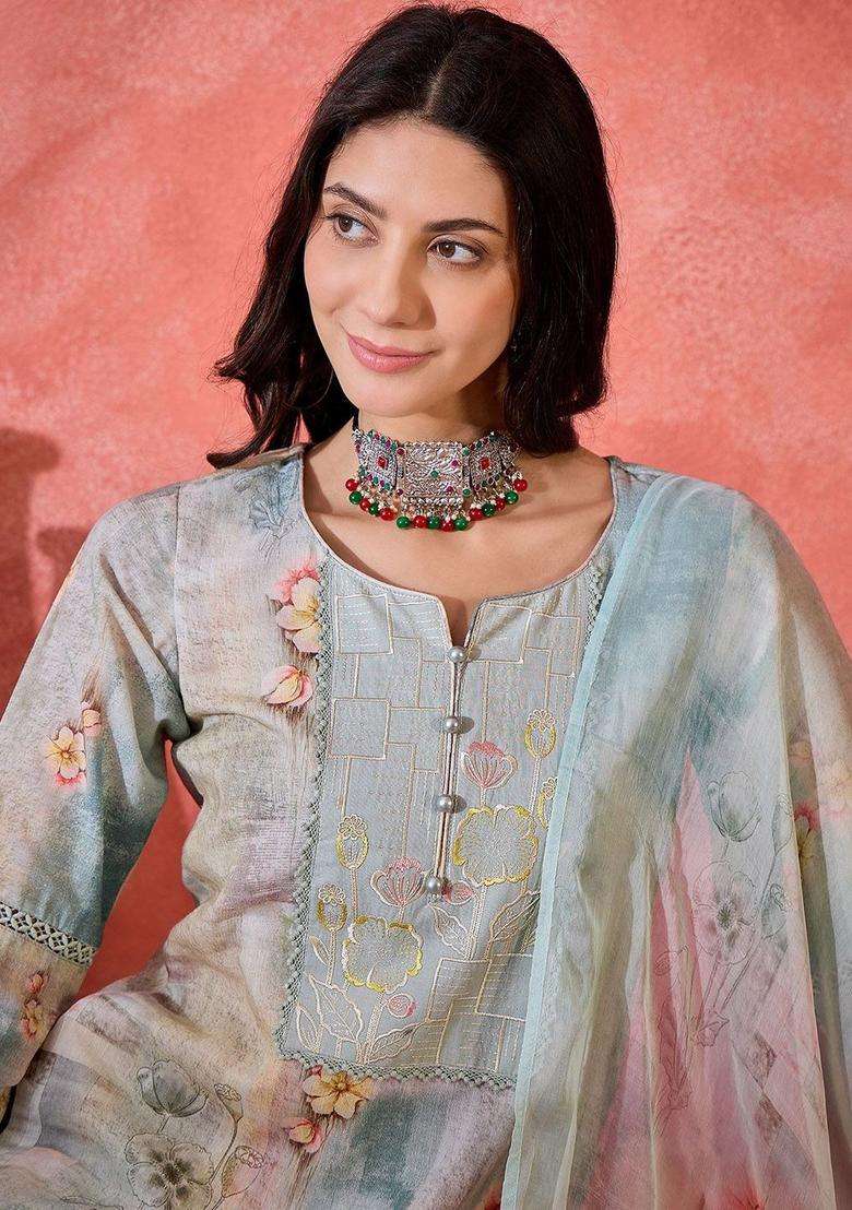 Grey Embroidered Cotton Kurta Set - Indya