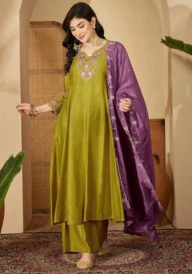 Lime Green Embroidered Cotton Kurta Set