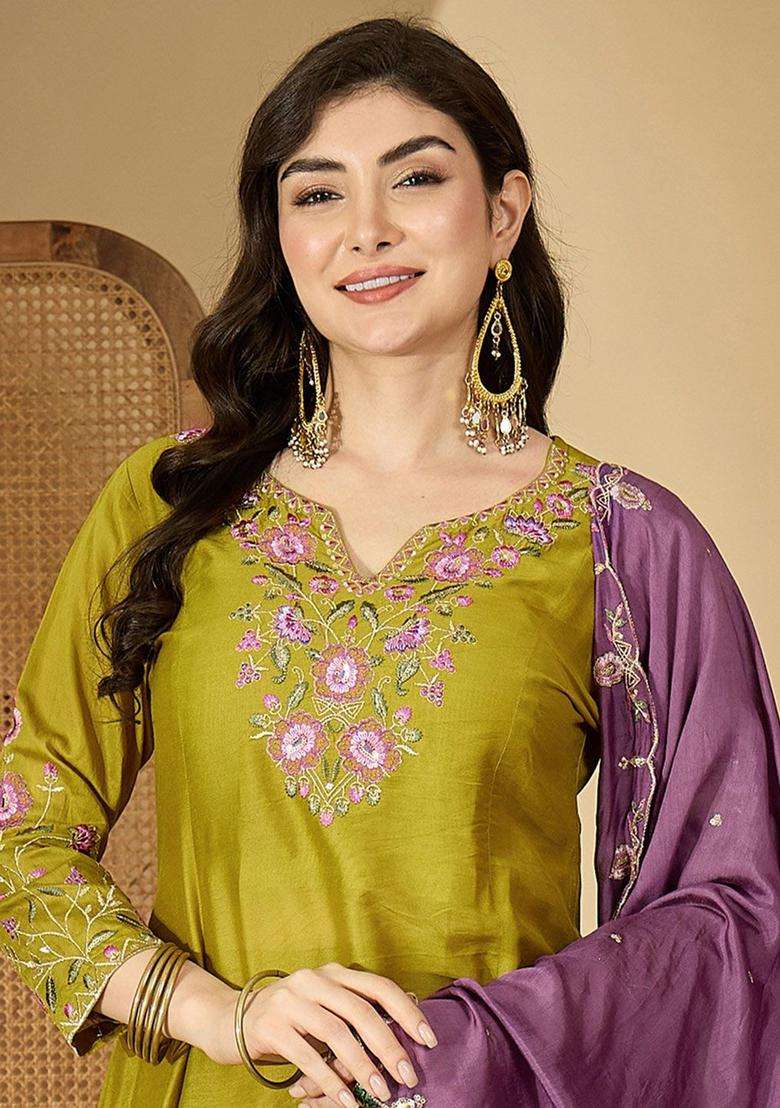 Lime Green Embroidered Cotton Kurta Set - Indya