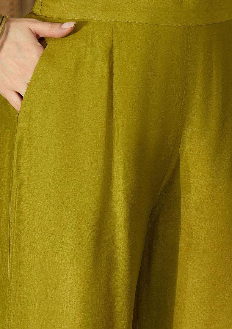 Lime Green Embroidered Cotton Kurta Set - Indya