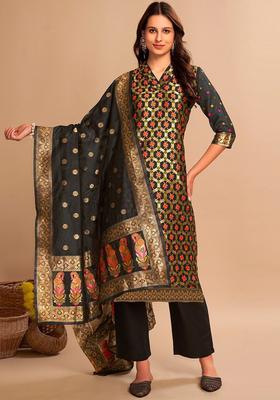 Black Woven Design Silk Blend Kurta Set