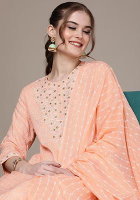 Peach Embroidered Polyester Kurta Set