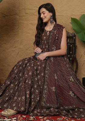 Brown Printed Cotton Anarkali Set